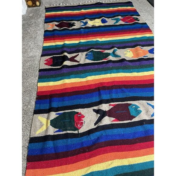 Vintage Native American Blanket 75in X 40in Fish & Colorful Rainbow Throw Rug - Picture 2 of 8